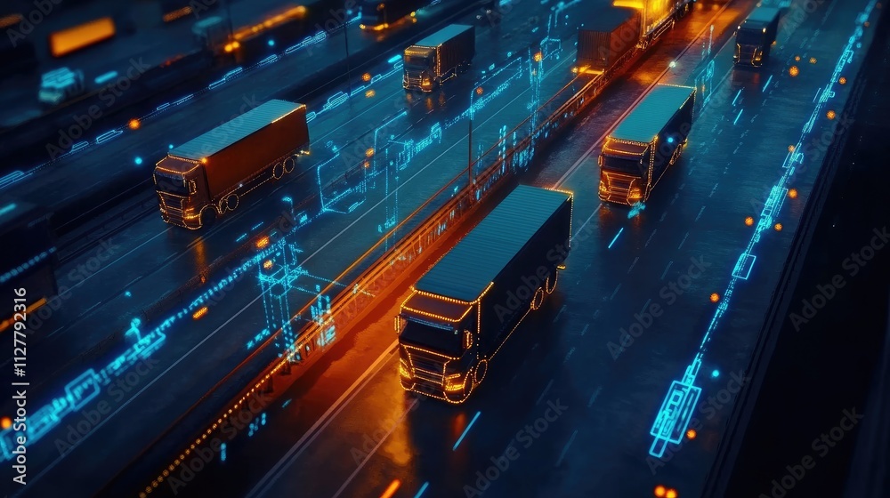 Poster A digital network showing connected trucks with a fleet management system, highlighting real-time communication and efficient logistics management.