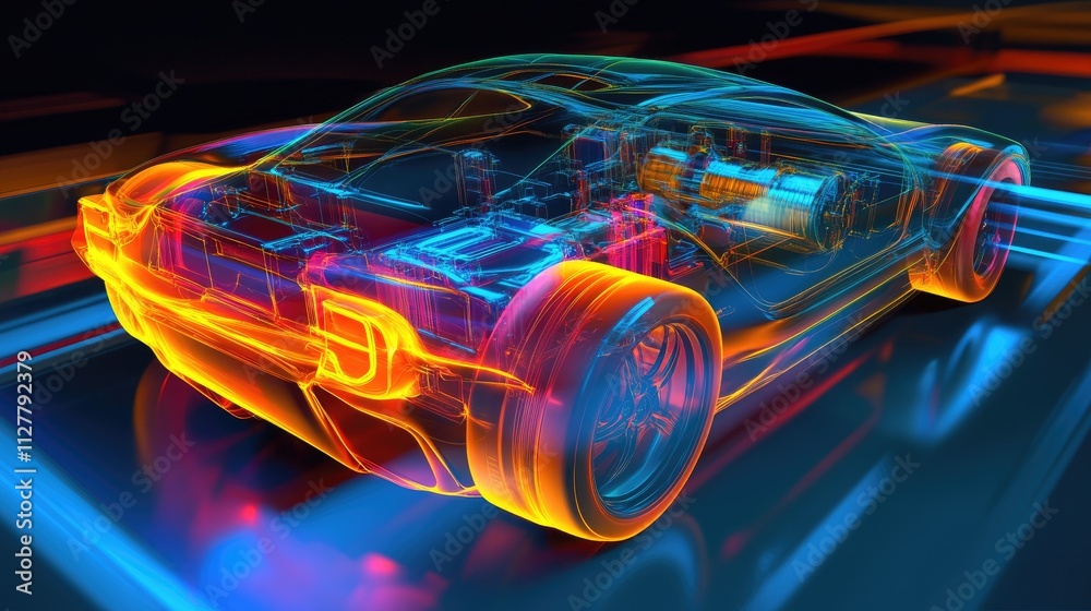 Poster a digital simulation of an electric vehicle's battery thermal system, showing the flow of heat and c