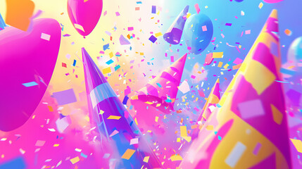 Vibrant celebration party backdrop with confetti and party hats. Ebullience. Illustration