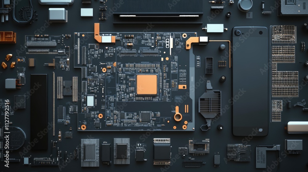 Aufkleber a disassembled smartphone showing its processor and chips in detail, symbolizing technology repair a