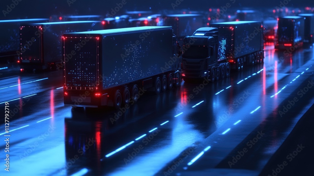 Poster a fleet of trucks connected through a digital network, showcasing a smart logistics management syste