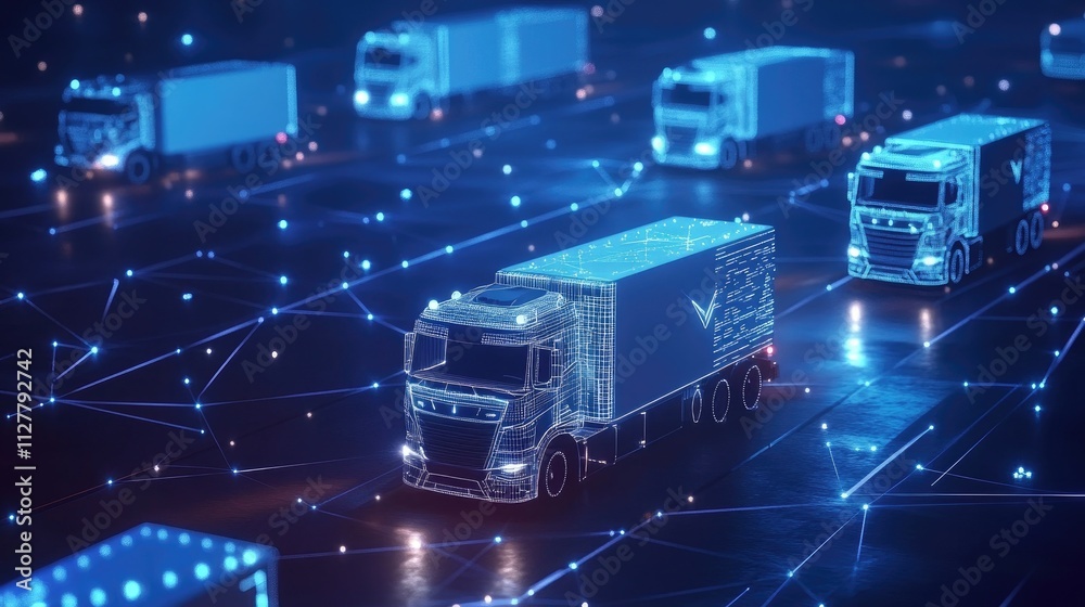 Poster A fleet of trucks connected through a digital network, showcasing a smart logistics management system for better operational efficiency and tracking.