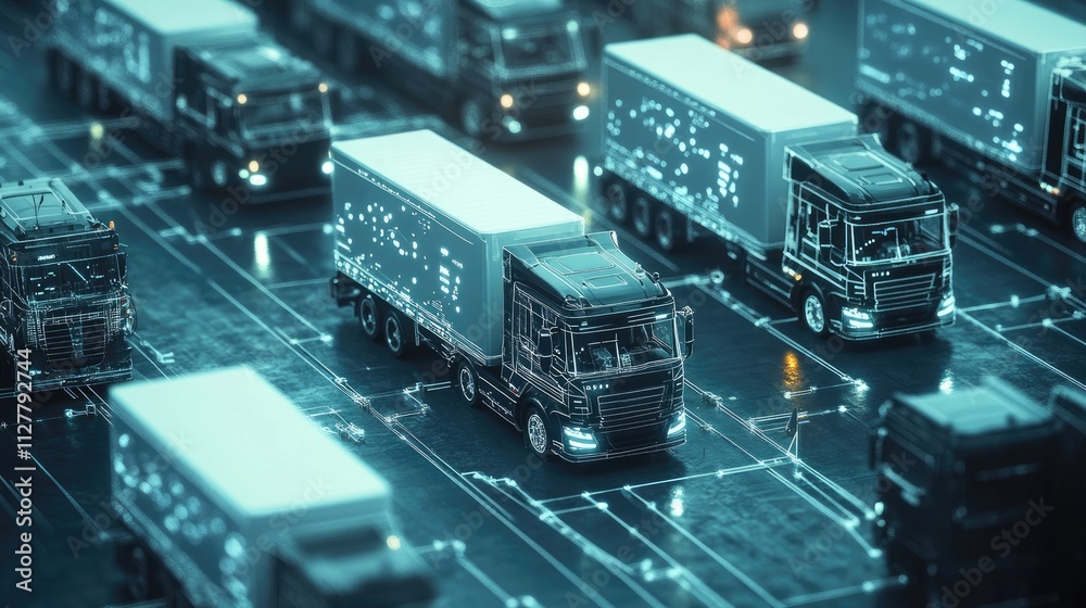 Poster a fleet of trucks connected through a digital network, showcasing a smart logistics management syste