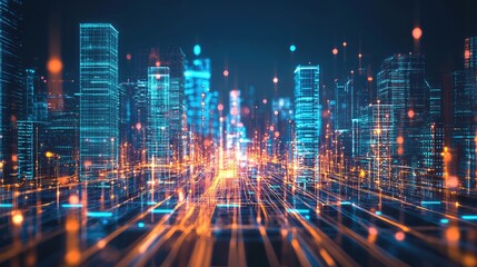 Fototapeta premium A futuristic city illuminated with neon lights and glowing buildings, symbolizing digital networks and advanced technology in a vibrant, urban future.