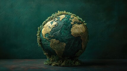 A globe made of green materials, symbolizing the Earth sustainability goals for 2025, with carbon-neutral emissions and environmental protection initiatives.