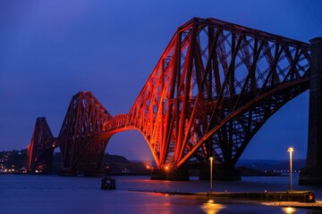 Iconic Forth Bridge, UNESCO World Heritage, Illuminated at Twilight, Edinburgh, Scotland