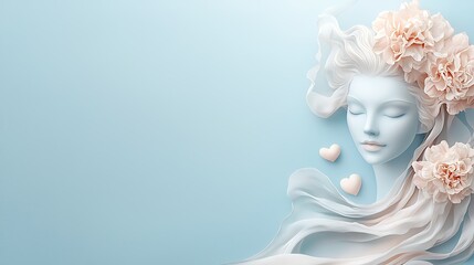 Naklejka premium Artistic floral portrait of a serene woman with a soft blue dreamy background