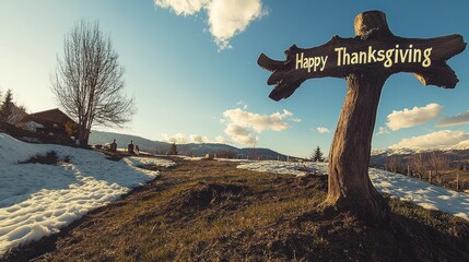Happy Thanksgiving Sign Winter Landscape Scene