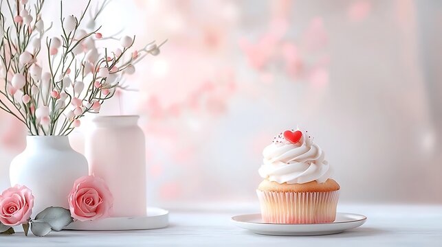 Delightful cupcake with heart serene kitchen food photography soft lighting aesthetic concept