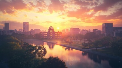 Naklejka premium Hiroshima Atomic Bomb Dome, sunset cityscape.