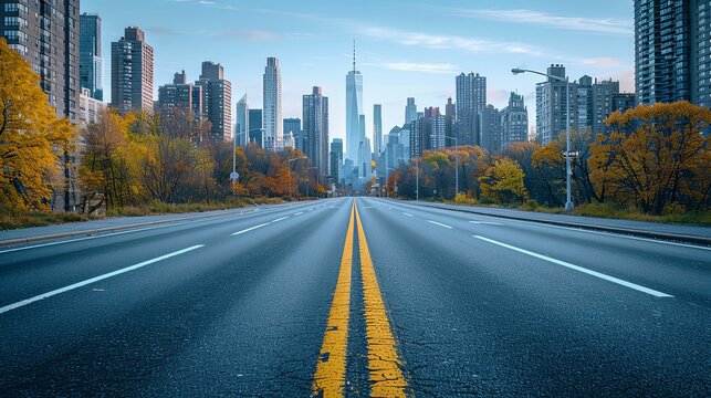 Autumnal cityscape view from an empty road leading towards skyscrapers.