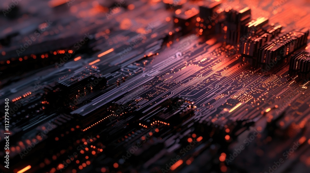 Poster a high-tech close-up of a semiconductor chip with micro circuits and electrical details, representin