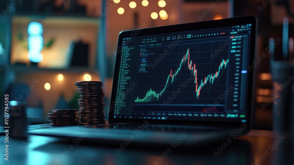 Poster a laptop screen showing fluctuating cryptocurrency charts, with bitcoin coins stacked in the foregro