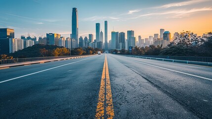 Fototapeta premium Urban Highway at Sunrise with City Skyline and Modern Buildings