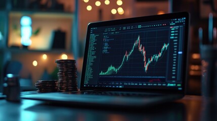 A laptop screen showing fluctuating cryptocurrency charts, with Bitcoin coins stacked in the foreground, representing digital currency investment strategies.