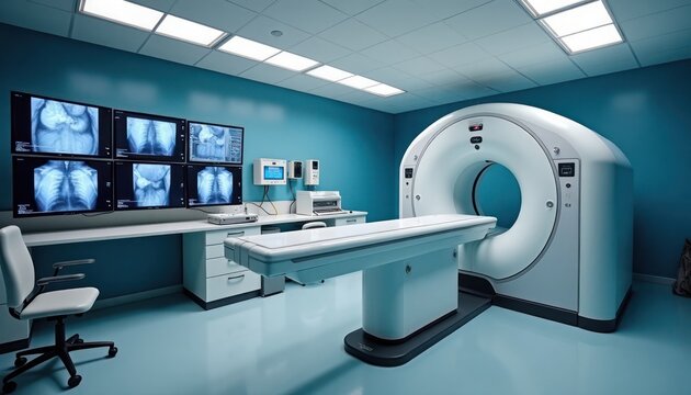 Modern radiology room equipped with CT scan machine, monitors displaying patient images. Medical tech personnel view x-rays on multiple screens. Medical tech doctor works with patient. Advanced tech