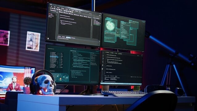 Close up shot of software interface on computer screens showing developer code running in empty criminals den. Hacking malware programming script on monitors in underground base