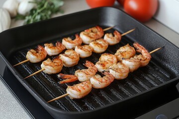 Grilling Shrimp Skewers on a Cast Iron Grill Pan in Modern Kitchen
