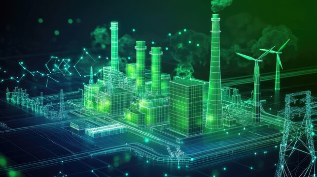 A low poly wireframe of a power plant with green energy solutions like solar and wind, emphasizing CO2 emission reduction strategies in green business and sustainability.