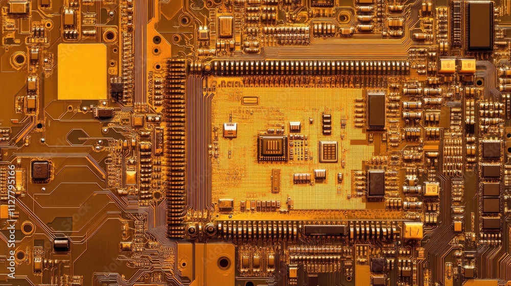Poster A macro view of a semiconductor microchip with fine electronic details, illustrating the cutting-edge technology behind modern electronics.