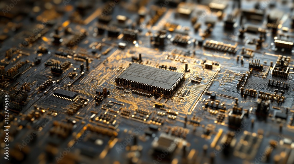 Poster a macro view of a semiconductor microchip with fine electronic details, illustrating the cutting-edg