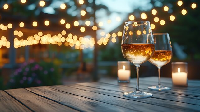 Evening relaxation concept outdoor patio gathering with wine glasses and warm ambiance