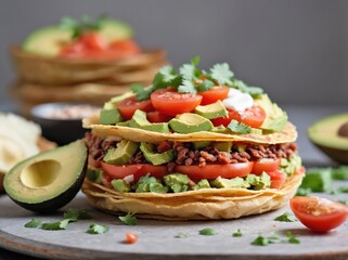 A close-up shot of a tostada, focusing on the layers of toppings