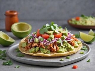 single tostada placed directly on a smooth, light gray surface.