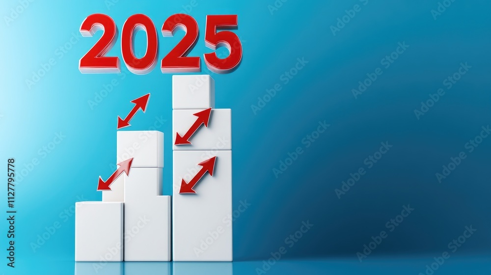 Poster a rising bar graph made of white boxes and red arrows, with the number 