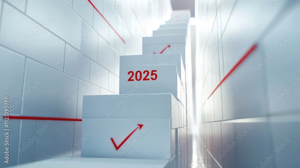 Poster a rising bar graph made of white boxes and red arrows, with the number 