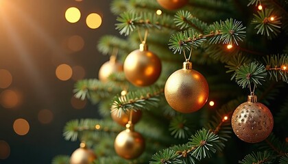 Golden Christmas ornaments hang on rich evergreen tree. Warm light shines through branches. Festive holiday decor. Holiday season. Christmas tree. Ornaments. Sparkling. Shiny. Evergreen. Tree.