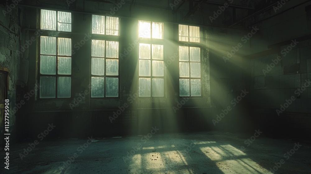 Poster sunlight streams through dusty, tall windows of a derelict factory, casting long shadows and illumin