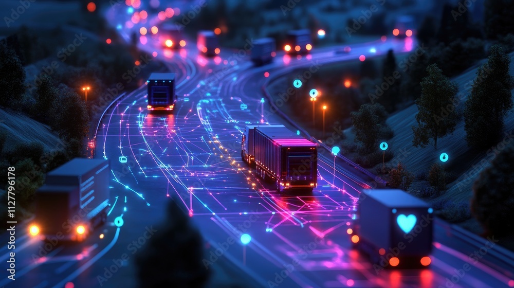 Poster A smart fleet management dashboard showing connected trucks, with digital connections representing real-time data and optimized fleet operations.