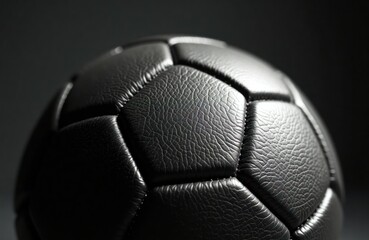 Detailed close-up view of black soccer ball. Leather texture prominent. Image highlights stitching, panels. Sports equipment. Modern design. Classic ball. Black, white. Studio shot. Dark background.