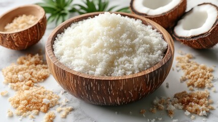 Wooden bowl of shredded coconut with coconut flakes.