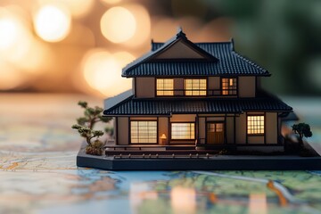 A miniature house model sits on a map, illuminated with warm lights, creating a cozy atmosphere.