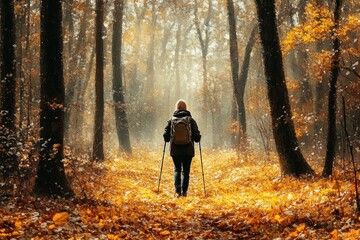 Obraz premium Hiker Walking in Autumn Forest with Golden Leaves and Tall Trees
