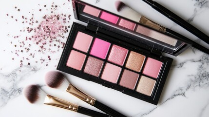 A top view of an open pink eyeshadow palette, with makeup brushes and a sparkling touch of glitter on a marble countertop, perfect for a fashion or beauty feature.