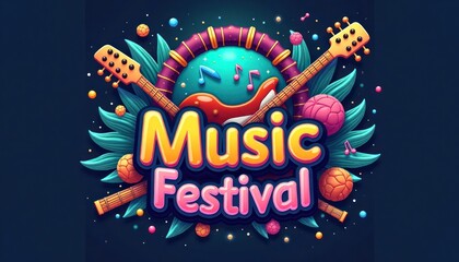 Colorful music festival logo design. Instruments, fun elements create vibrant visual. Festival theme features guitars, balls. Music festival poster style. Event poster with fun design elements.