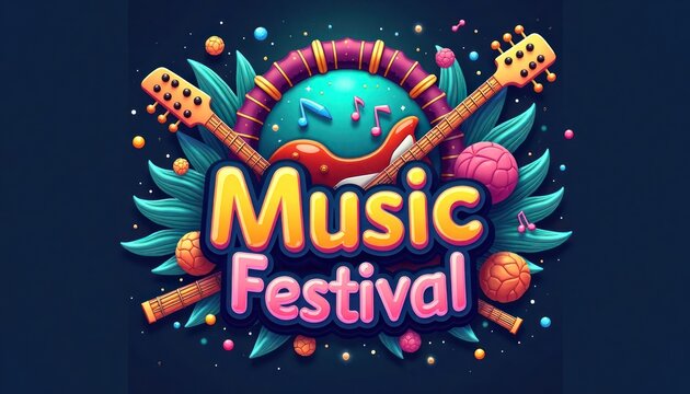Colorful music festival logo design. Instruments, fun elements create vibrant visual. Festival theme features guitars, balls. Music festival poster style. Event poster with fun design elements.