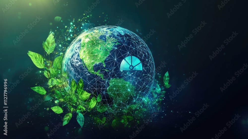 Poster A wireframe light low polygon style image of the earth with a CO2 emission reduction symbol, showcasing renewable energy and the journey toward net-zero carbon emissions.