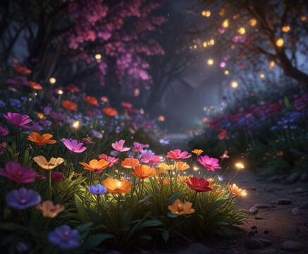 Glistening firefly lights among colorful glowing flowers, Neon, Fireflies, Sparkle