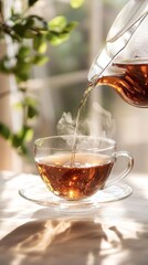 Fototapeta premium pouring steamy tea into a glass tea cup on a table with a white tablecloth