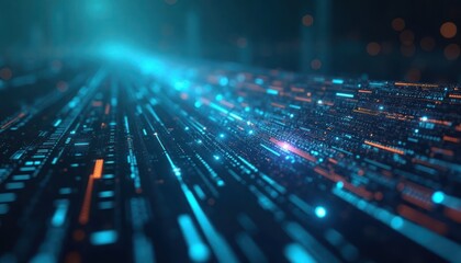 Abstract digital data flow visualizes tech, info processing. Fast moving lines represent data stream. Bright blue, orange glowing lines show complex data movement. Modern tech concept. Futuristic.