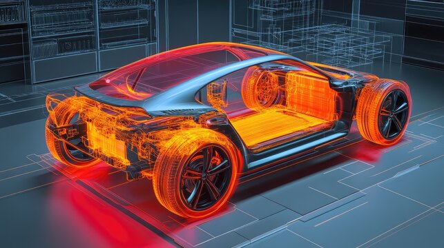 An advanced CAE simulation illustrating the thermal management of EV batteries, with a focus on optimizing heat dissipation and enhancing energy efficiency.