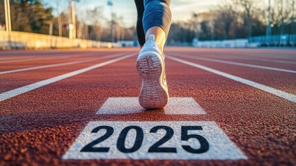 Athlete woman on a running track with "2025" written, preparing for a new year resolution to achieve health goals and success at sunset.