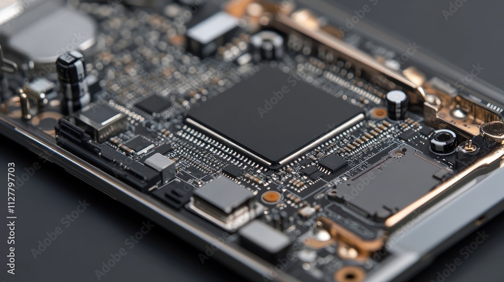 Aufkleber close-up of a mobile phone motherboard with visible cpu and electronic components, ideal for phone r