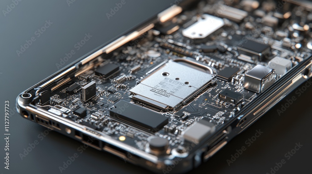 Poster Close-up of a mobile phone motherboard with visible CPU and electronic components, ideal for phone repair and maintenance ads highlighting technology.