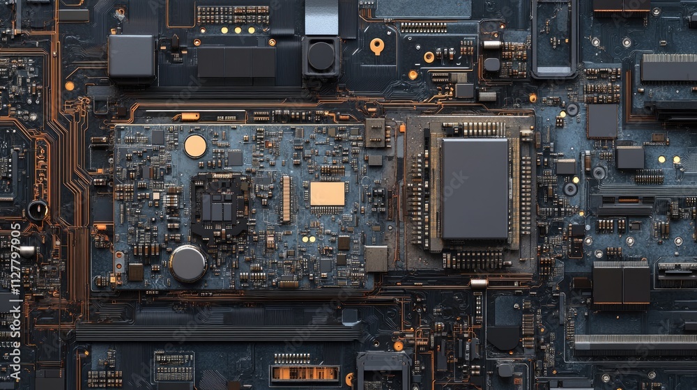 Poster Close-up of the CPU from a disassembled mobile phone with detailed circuitry and components visible, ideal for technology-themed ads or banners.