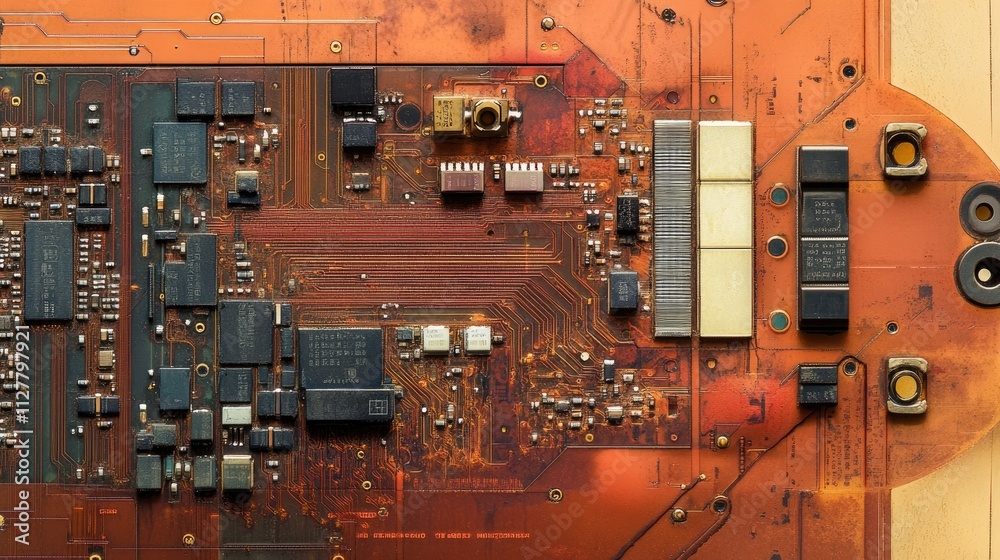 Poster close-up of the cpu from a disassembled mobile phone with detailed circuitry and components visible,